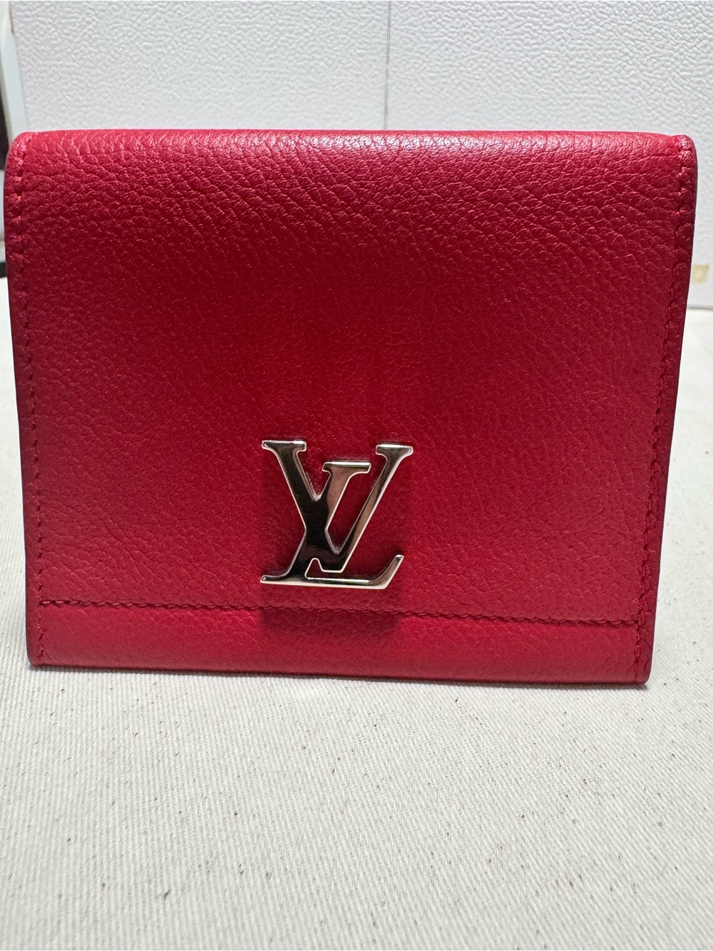 Louis Vuitton Red Pebbled Leather Small Wallet with Silver LV Emblem